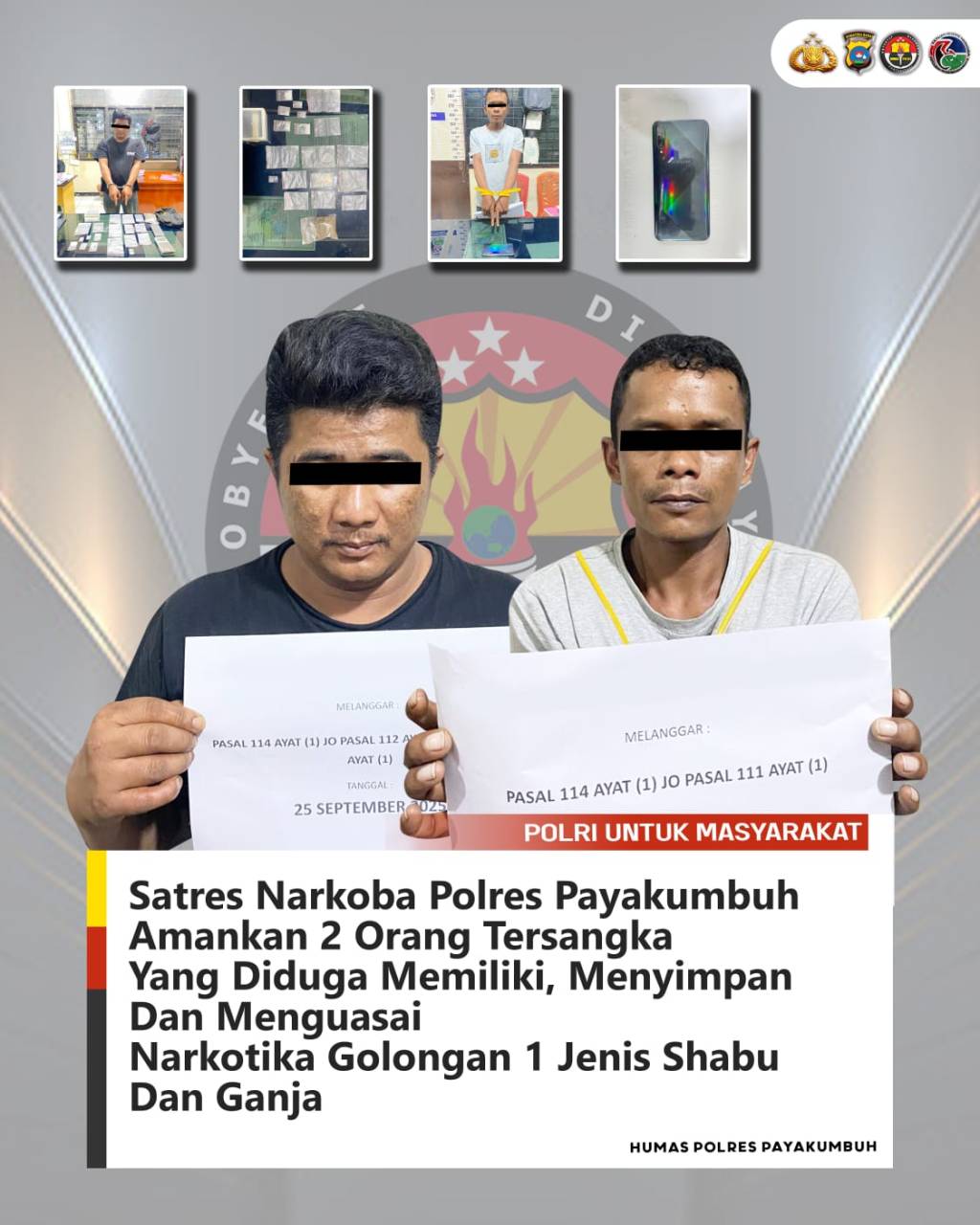 Polres Payakumbuh Tangkap Dua Tersangka Pelaku Tindak Pidana Narkotika, 19 Paket Sabu&nbsp;Disita
