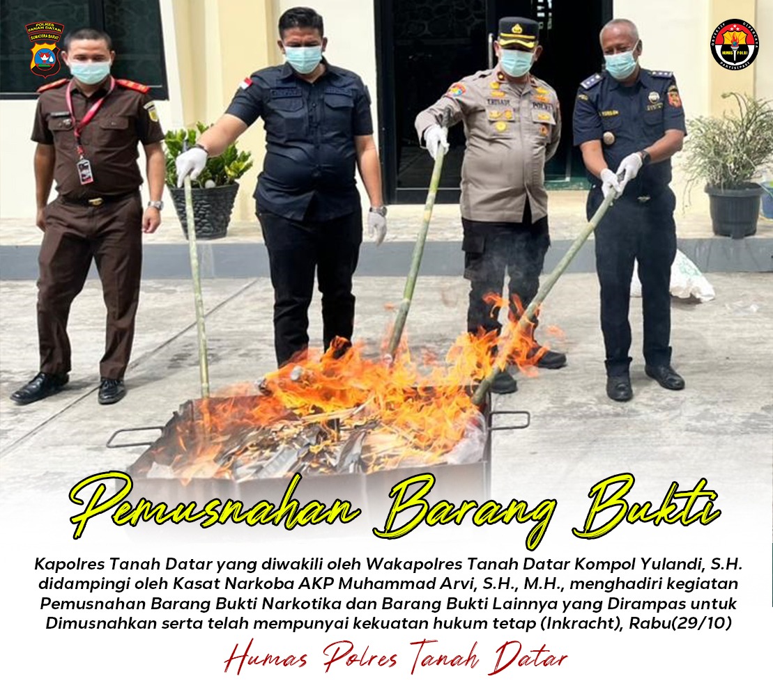 Pemusnahan Barang Bukti Narkoba, Wakapolres Tanah datar: Wujud Sinergi Aparat Penegak Hukum dalam Menekan Penyalahgunaan Narkotika