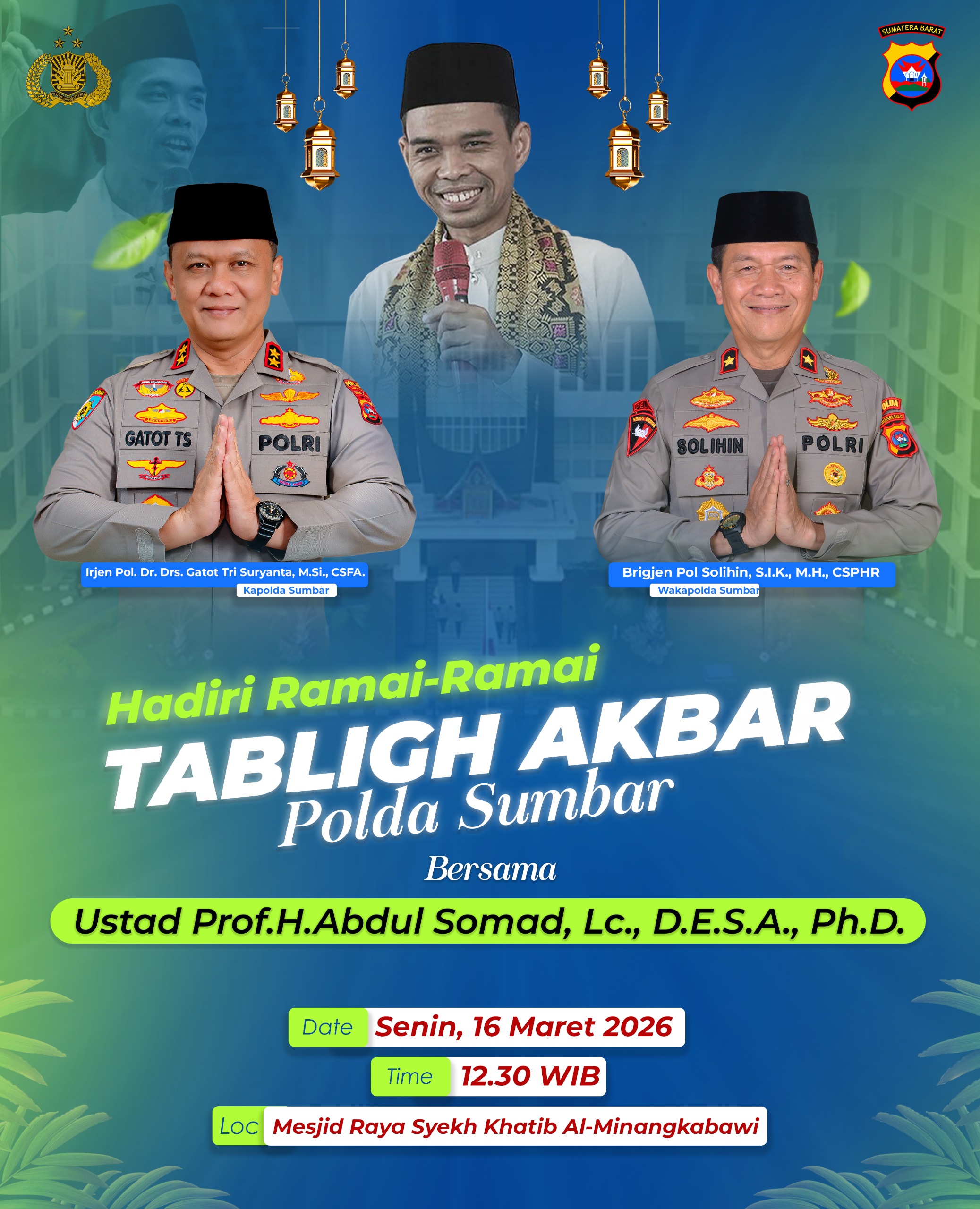Polda Sumbar Gelar Tabligh Akbar Bersama Ustadz Abdul Somad di Masjid Raya Syekh Khatib Al-Minangkabawi